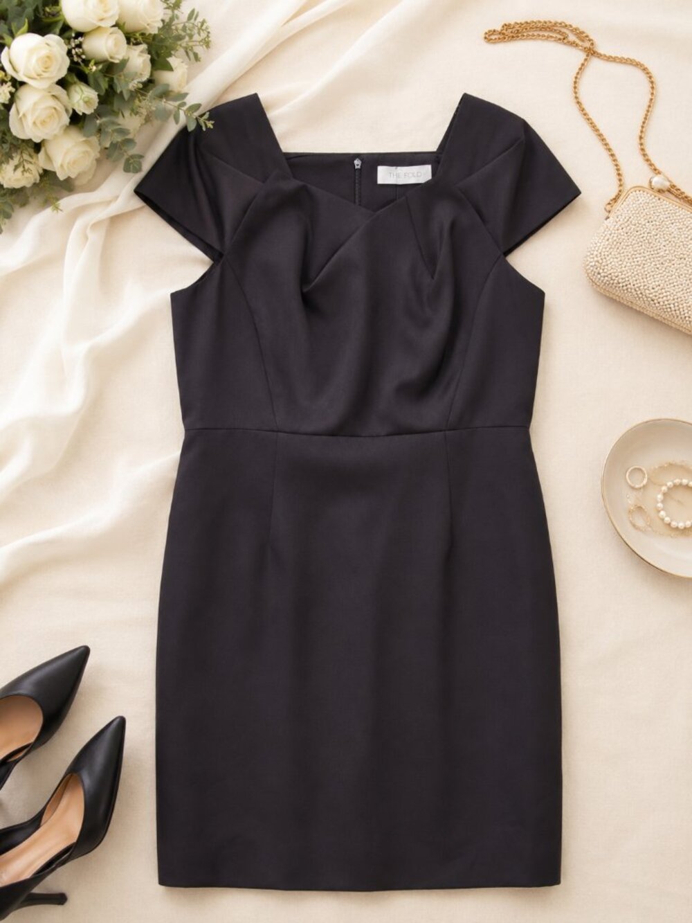 NWT The Fold London The Finsbury Cap Sleeve Aubergine Satin Sheath Dress, Sz‎ 12